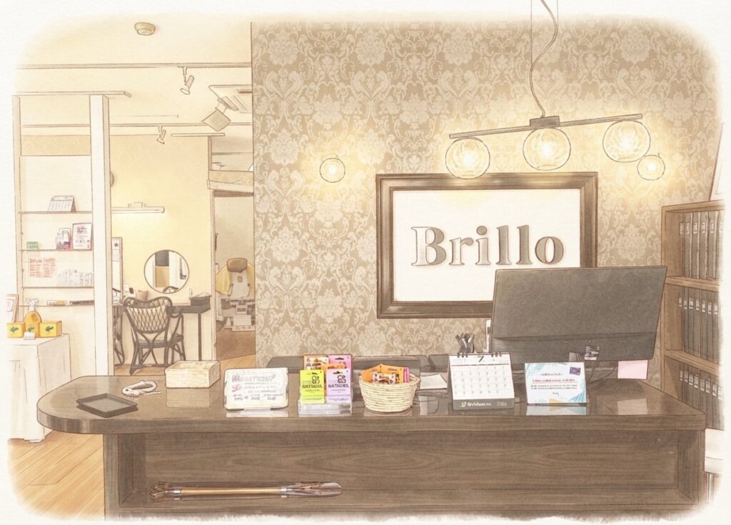 お顔そり専門店Brilloの受付カウンターのイラスト。Brilloのロゴを飾った落ち着いた内装