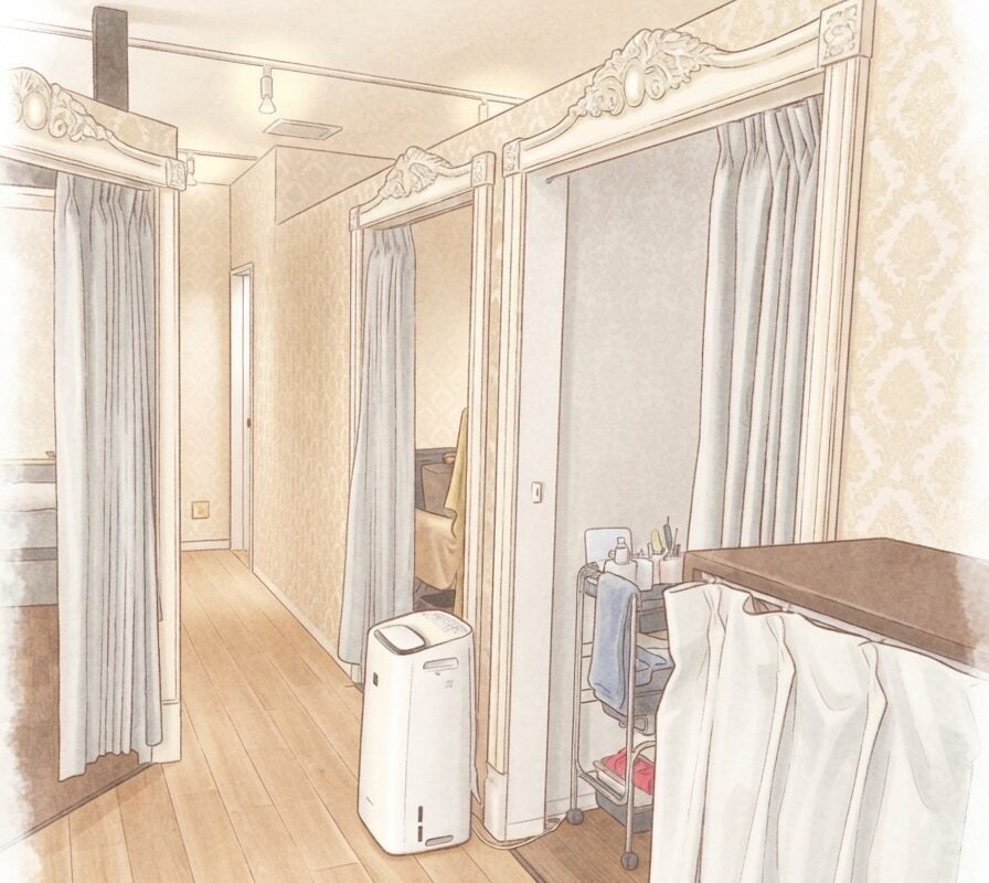 お顔そり専門店Brilloの施術室のイラスト。カーテンで仕切られた個室が並ぶ